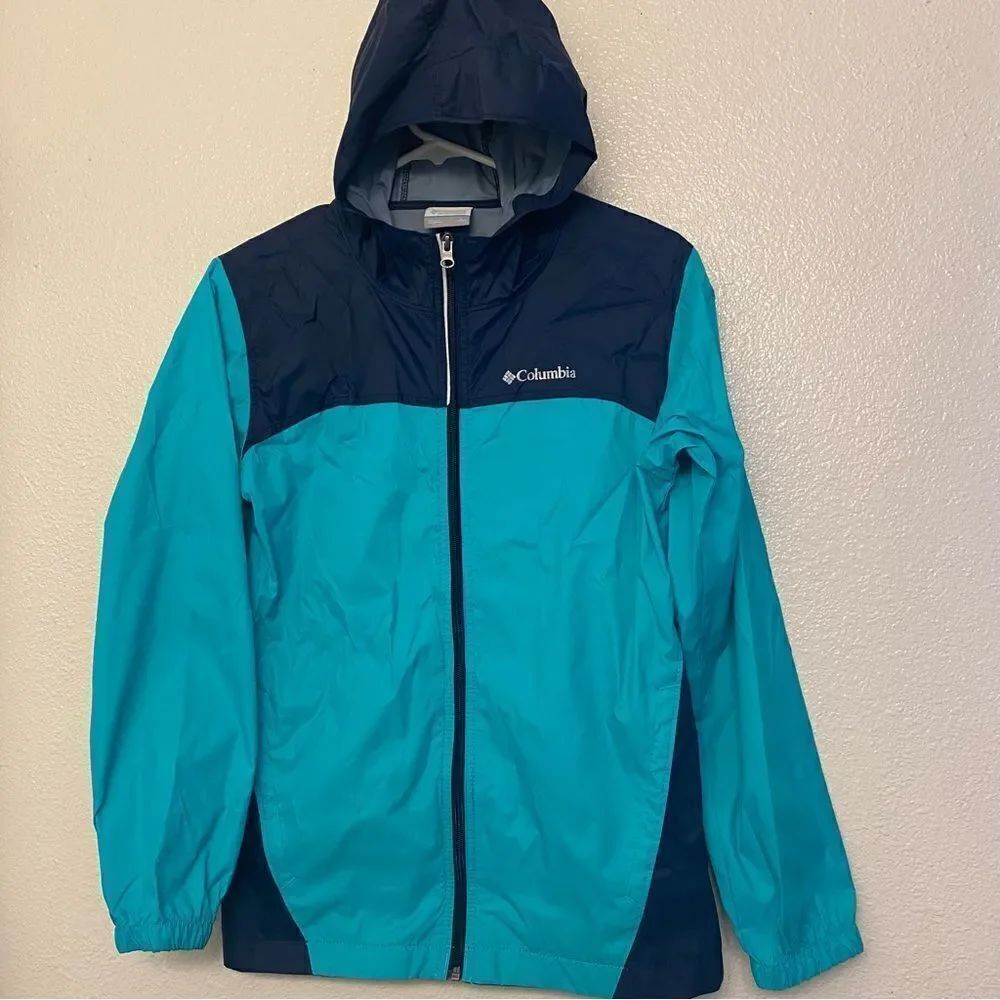 Columbia kids boys girls blue aqua 100% nylon Rain hooded Jacket size L 14-16